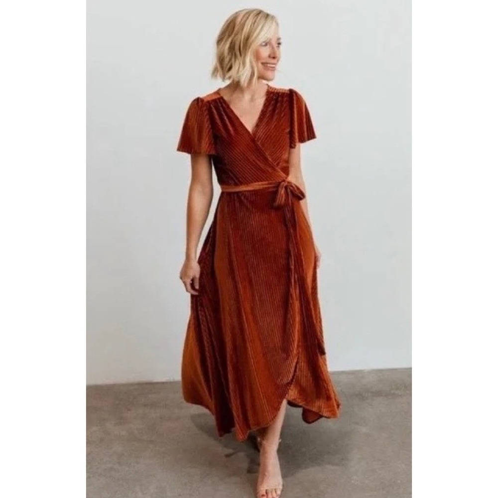 BALTIC BORN Andi Velvet High Low Maxi Dress Ribbed Party Holiday‎ Copper Rust XS